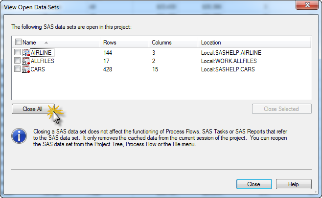 Close All data sets window