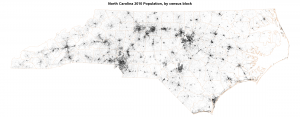 NC map, using small dots in each census block to represent the data