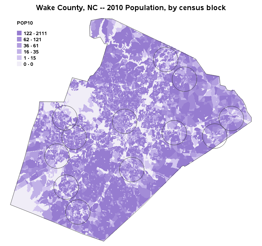 Wake county census block map, shaded by population