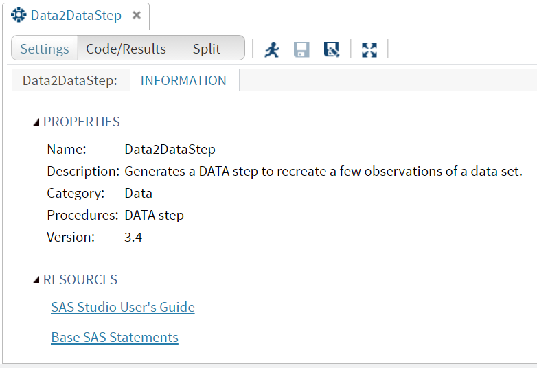 SAS Studio Task INFO pane