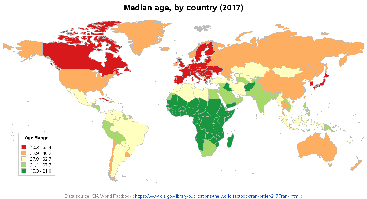 Map: Median age by country - SAS Learning Post