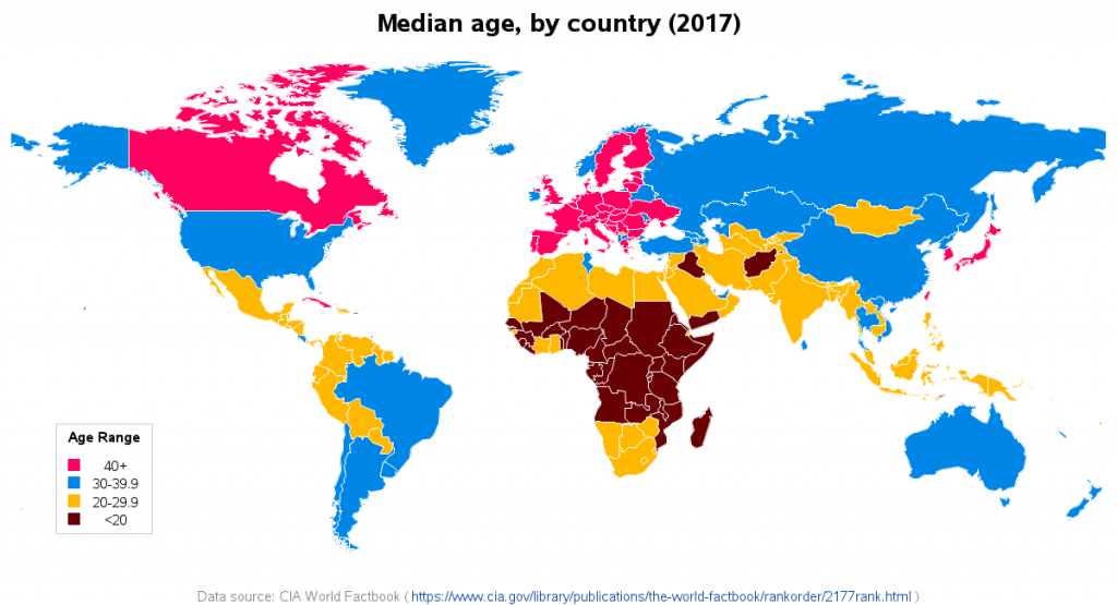 Map: Median age by country - SAS Learning Post