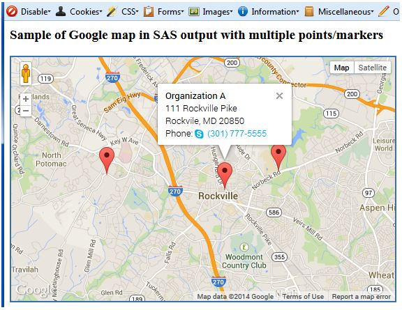 Figure 3. Final Google map showing  three location markers and an information block generated by data in a SAS data set. 