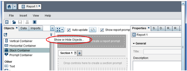 Select Show or Hide Objects in SAS VA Reports Designer
