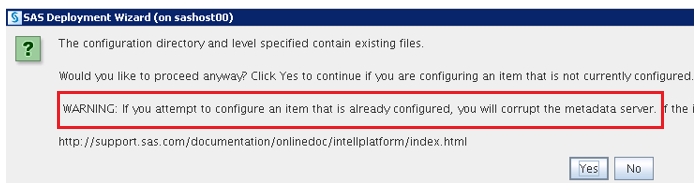 Warning from SDW that configuration already exists.