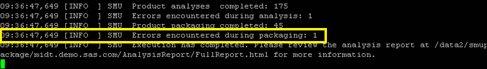 SAS Migration Utility output showing an error during packaging phase