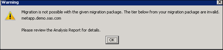 Error message showing cancellation of migration due to packaging error