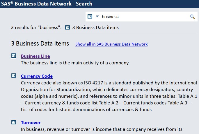 Conduct a google-like web search for business terms with SAS Business Data Network2