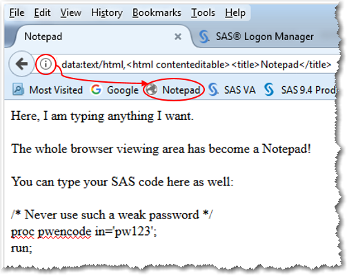 Bookmark SAS code editor in a browser