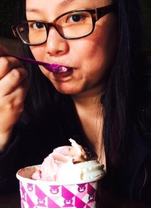 Annelies Tjetjep, M.Sc., Mathematical Statistics and Probability from the University of Sydney, eating frozen yogurt.