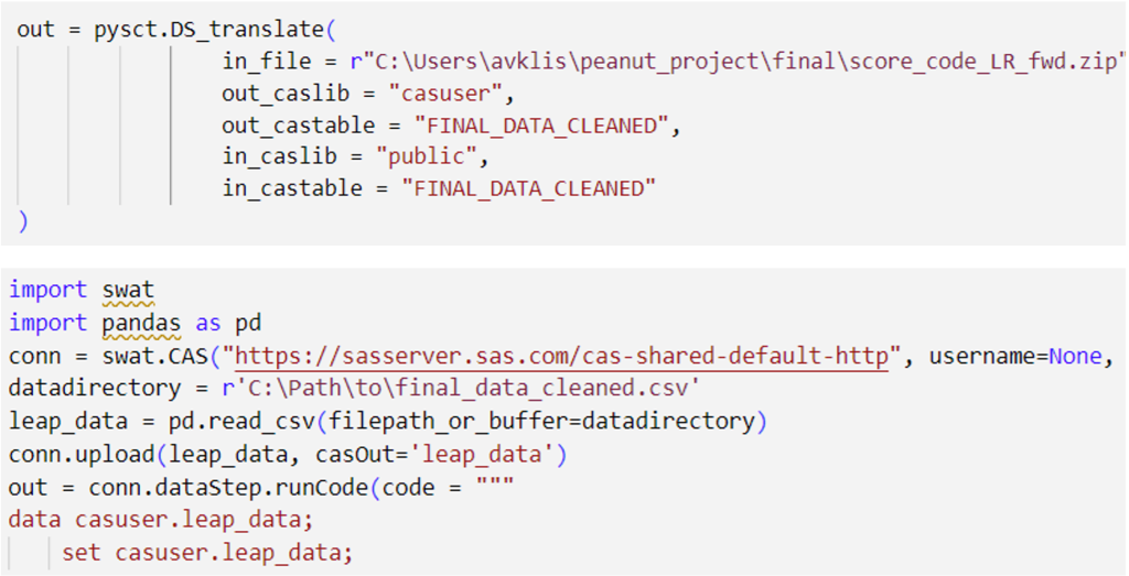 Figure 7: A snippet of the code I used to call the SAS Model Studio models in Python